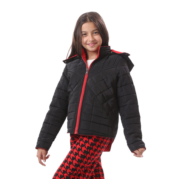 Quilted Double Face Girls Jacket With Adjustable Hood - Black & Red