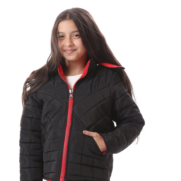 Quilted Double Face Girls Jacket With Adjustable Hood - Black & Red