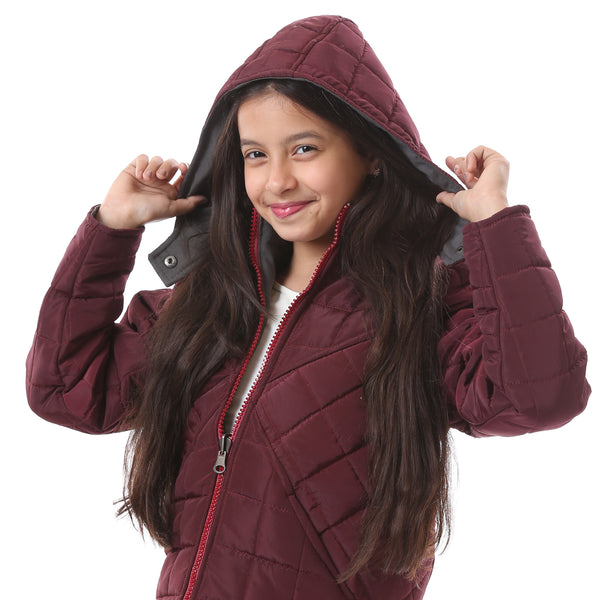 Double Face Quilted Girls Jacket With Portable Hood - Maroon & Dark Grey