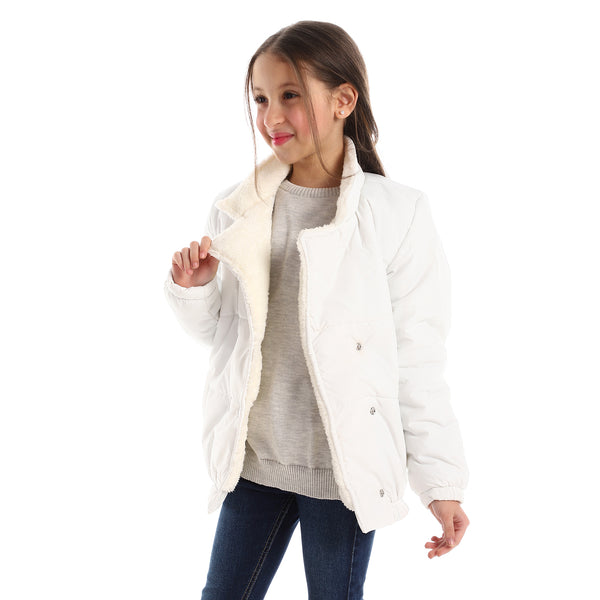 Full White Snap Buttons Closure Notched Collar Jacket