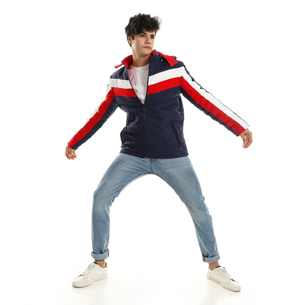 Double Face Casual Jacket with Hood - Navy, White & Red