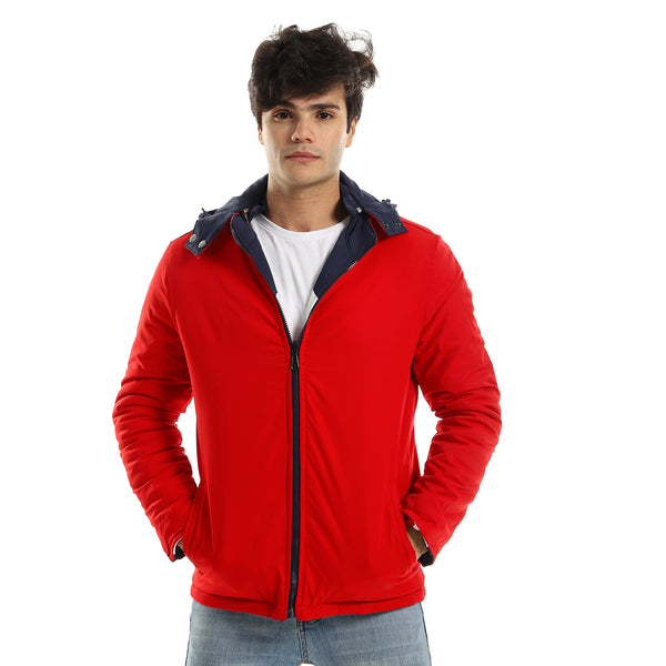 Double Face Casual Jacket with Hood - Navy, White & Red