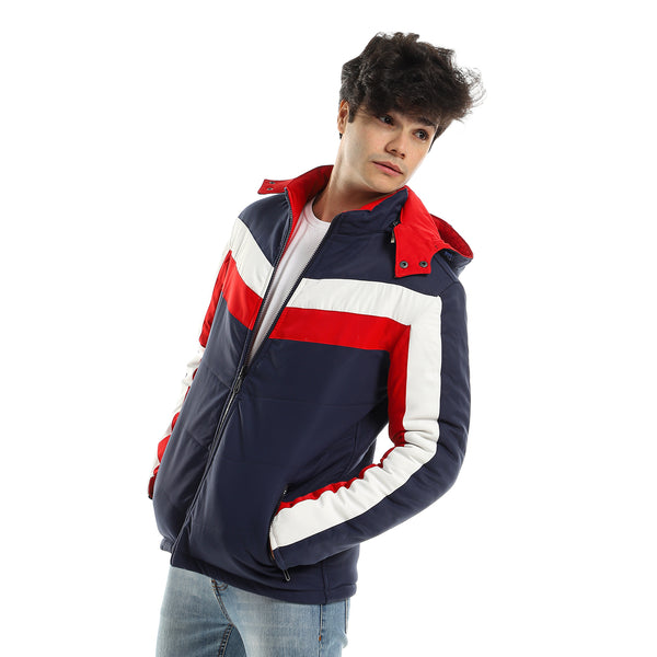 Double Face Casual Jacket with Hood - Navy, White & Red