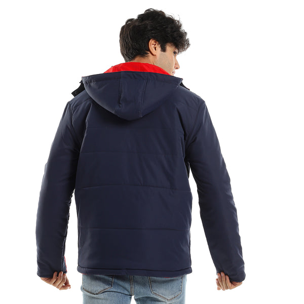 Double Face Casual Jacket with Hood - Navy, White & Red