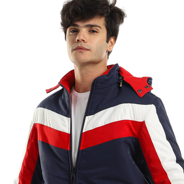 Double Face Casual Jacket with Hood - Navy, White & Red
