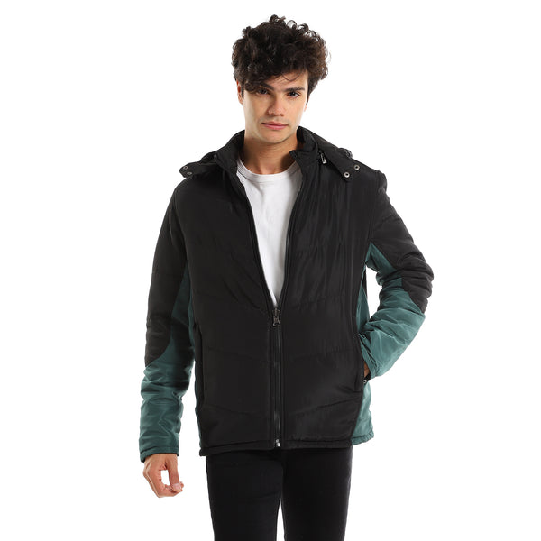 Detachable Hood Double Face Black & Green Men Bomber Jacket