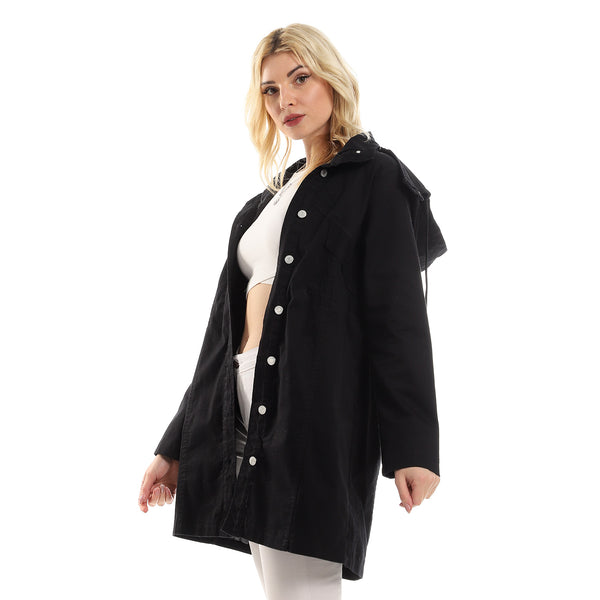 Hooded Long Denim Jacket With Adjustable Wait Design - Black