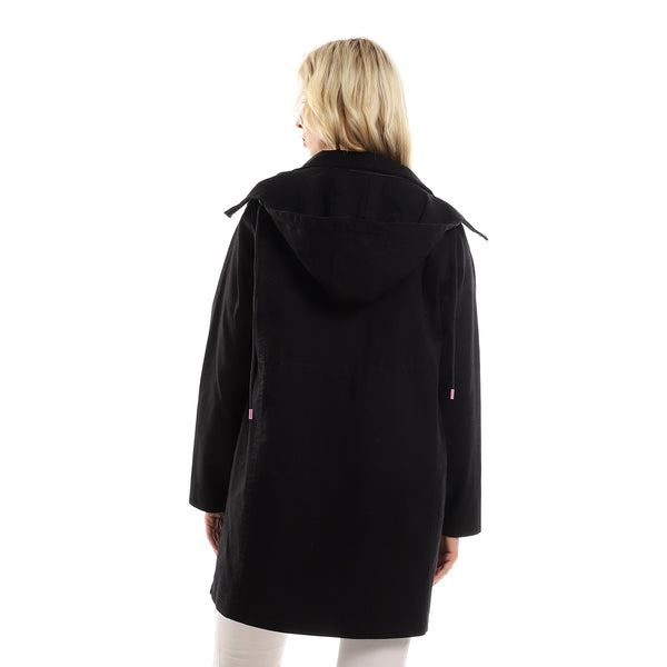 Hooded Long Denim Jacket With Adjustable Wait Design - Black