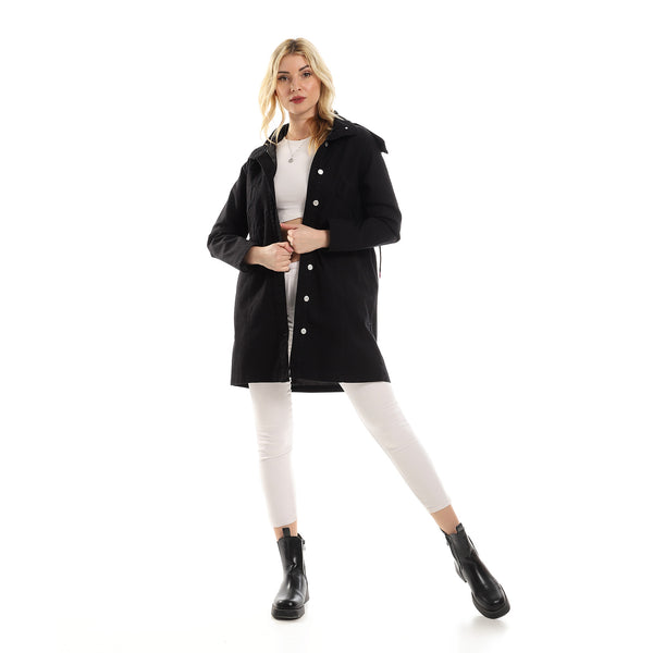 Hooded Long Denim Jacket With Adjustable Wait Design - Black