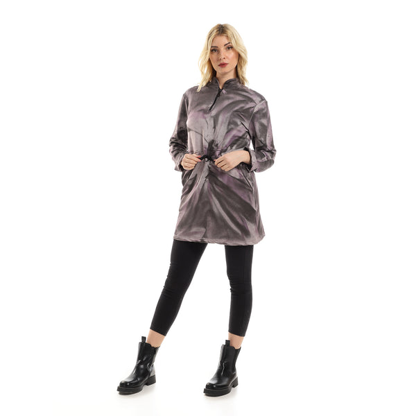 Tie Dye Long Sweatshirt With Side Pockets - Purple, Black & Grey