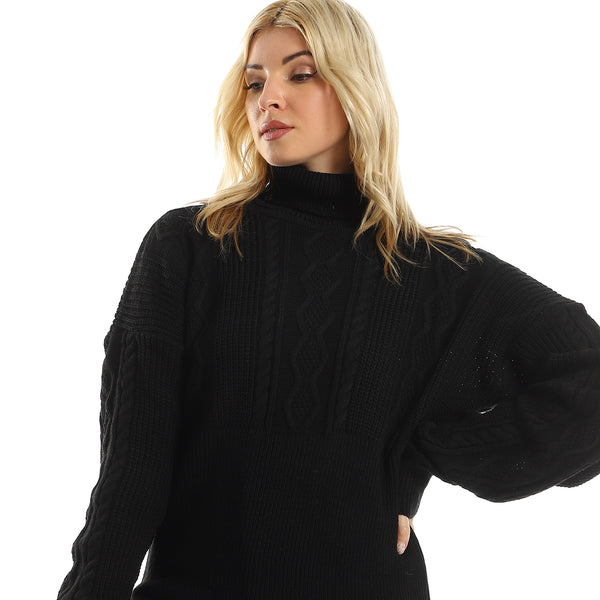 Black Braided Knitted Long Sleeves Pullover