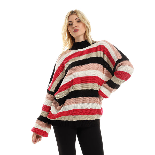 Stripped Long Sleeved Knitted Pullover - Black, Pink &White