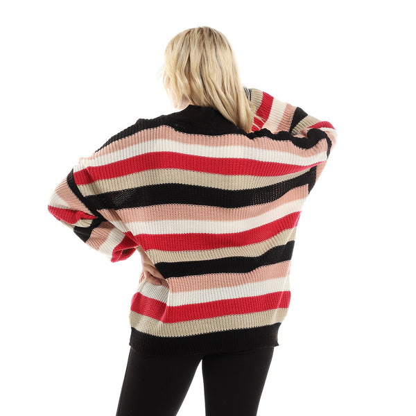 Stripped Long Sleeved Knitted Pullover - Black, Pink &White