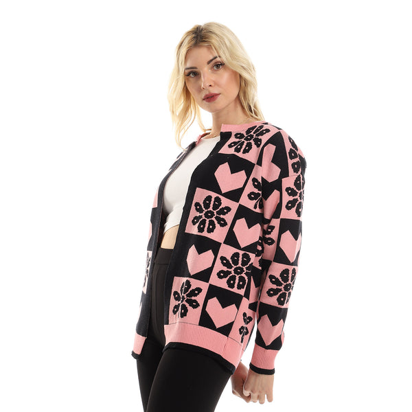 Multi-Patterned Sleeved Knitted Cardigan - Pink & Black