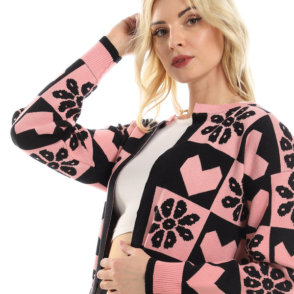 Multi-Patterned Sleeved Knitted Cardigan - Pink & Black