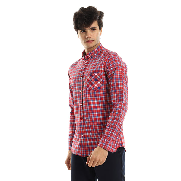 Long Sleeves Buttoned Red Shirt with Classic Collar