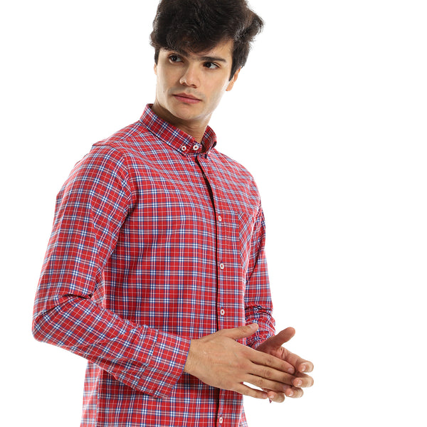 Long Sleeves Buttoned Red Shirt with Classic Collar