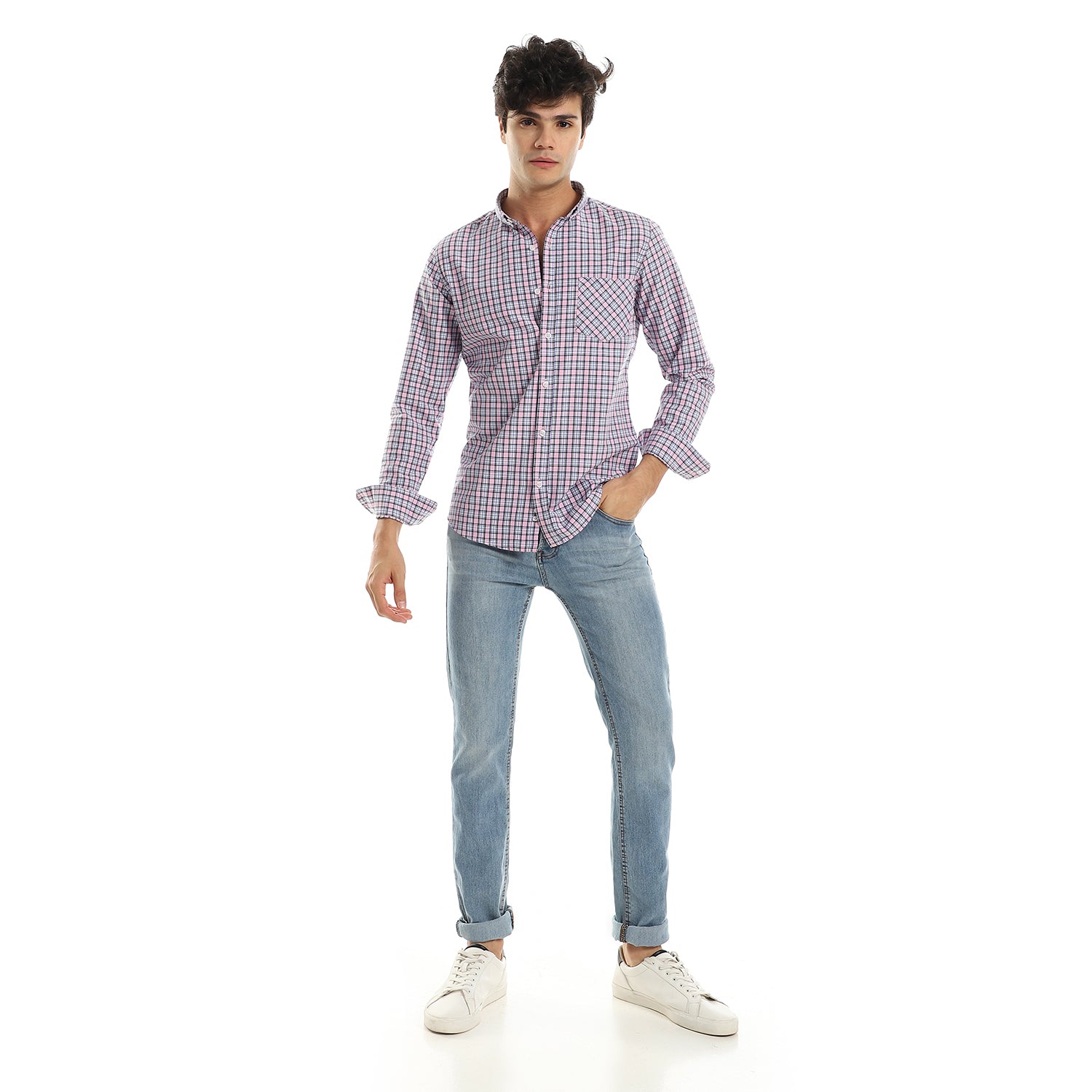 Andoraeg Classic Collar Shirt with Allover Checkered Pattern - Pink – Andora