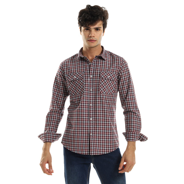 Dark Red Checkered Shirt with Front Pockets