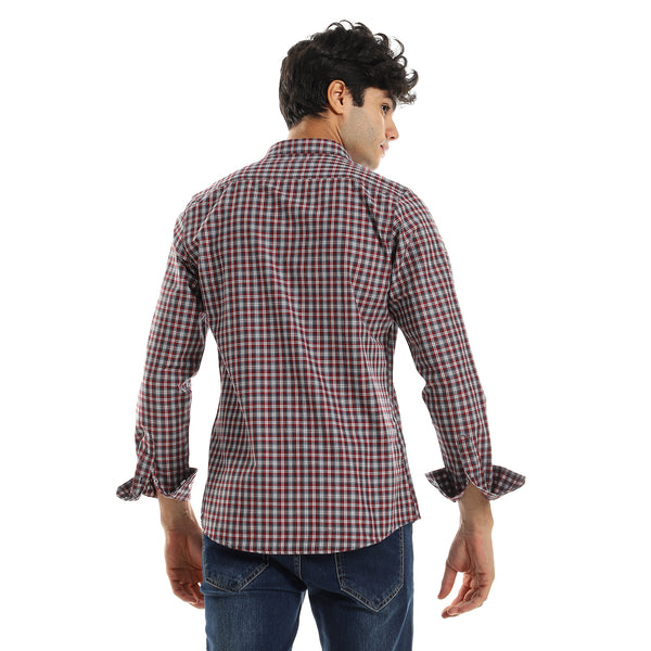 Dark Red Checkered Shirt with Front Pockets