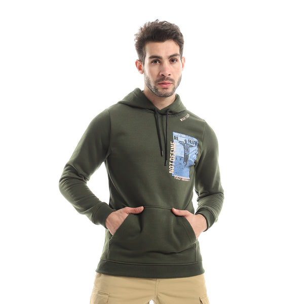 Fleece Printed Hoodie With Front Pockets - Dark Olive