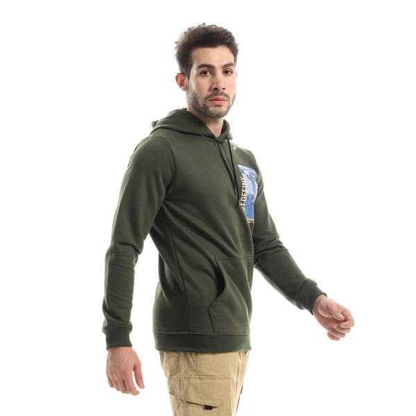 Fleece Printed Hoodie With Front Pockets - Dark Olive