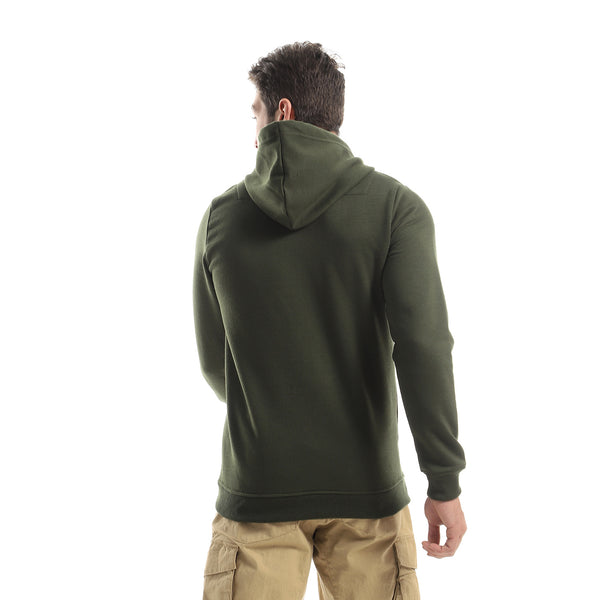 Fleece Printed Hoodie With Front Pockets - Dark Olive