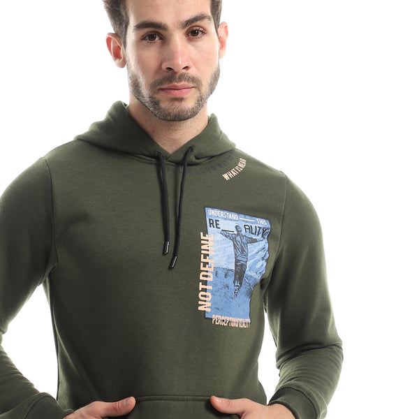 Fleece Printed Hoodie With Front Pockets - Dark Olive