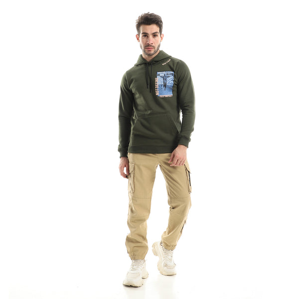 Fleece Printed Hoodie With Front Pockets - Dark Olive