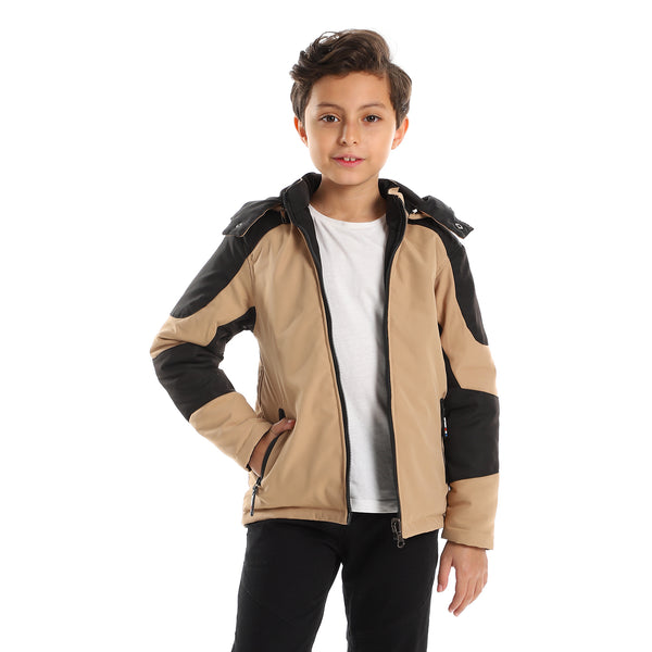 Bi-Toned With Detachable Hood Jacket - Beige & Black