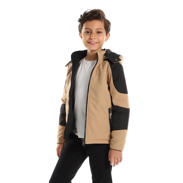 Bi-Toned With Detachable Hood Jacket - Beige & Black