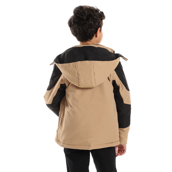 Bi-Toned With Detachable Hood Jacket - Beige & Black