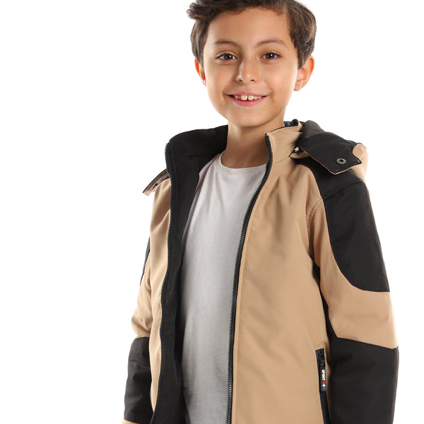 Bi-Toned With Detachable Hood Jacket - Beige & Black