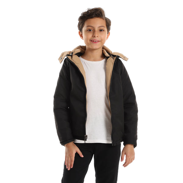 Bi-Toned With Detachable Hood Jacket - Beige & Black