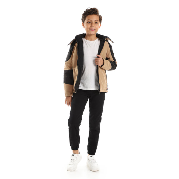 Bi-Toned With Detachable Hood Jacket - Beige & Black