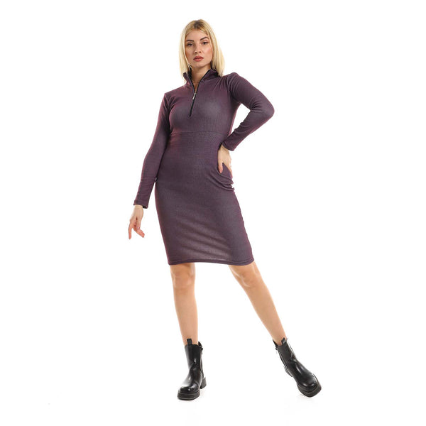 Heather Patterned Midi Dress With Long Sleeves - Purple & Black