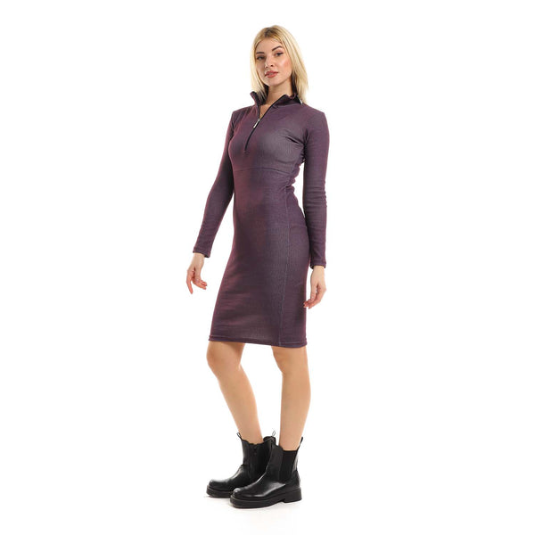 Heather Patterned Midi Dress With Long Sleeves - Purple & Black