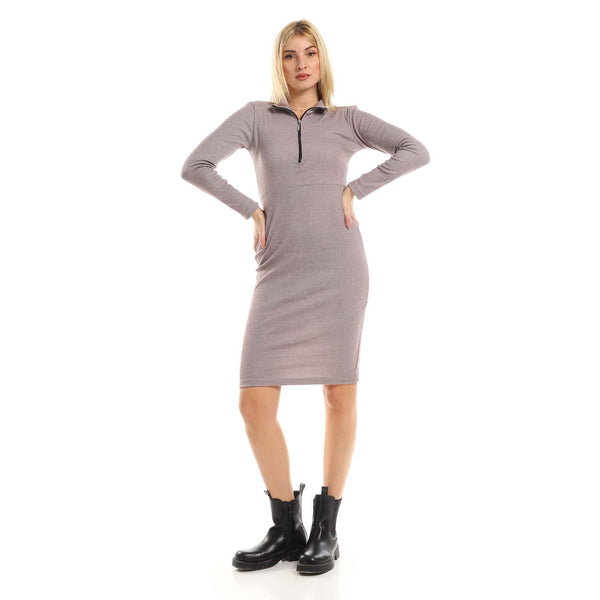 Zipped Band Neck Midi Long Sleeved Dress - Heather Grey