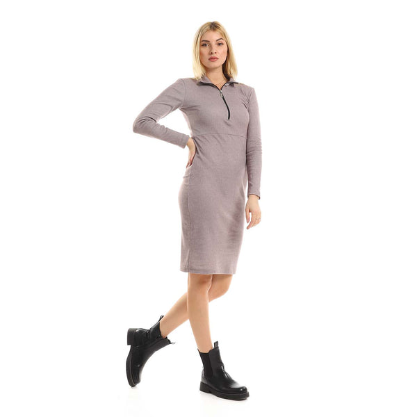 Zipped Band Neck Midi Long Sleeved Dress - Heather Grey