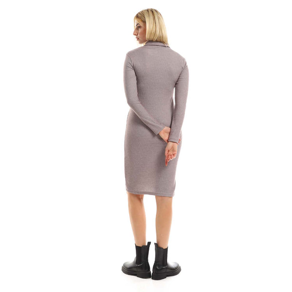 Zipped Band Neck Midi Long Sleeved Dress - Heather Grey
