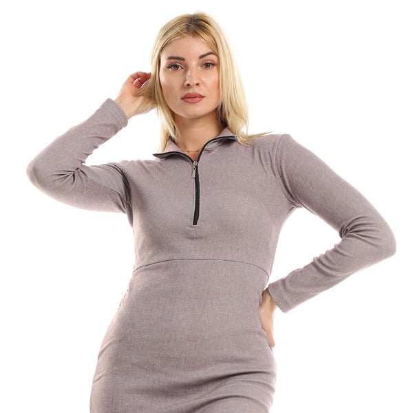 Zipped Band Neck Midi Long Sleeved Dress - Heather Grey