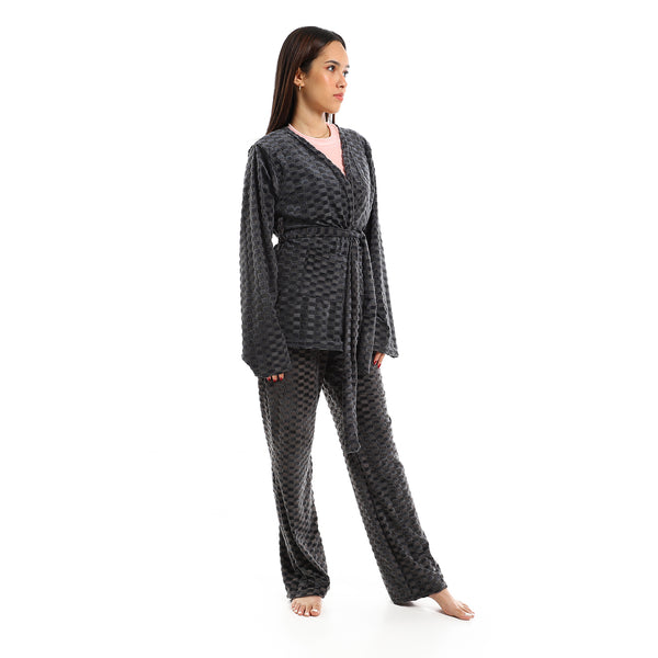 Charcoal & Rose Self Patterned 3 Pieces Pajama