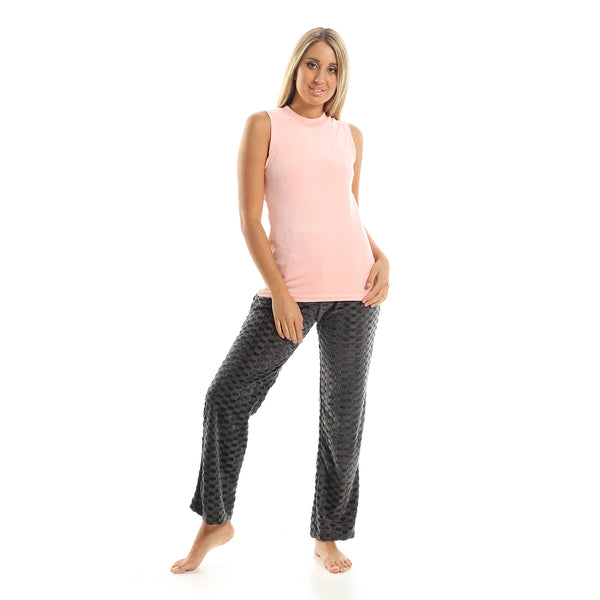 Set Of 3 Velvet Patterned Pajama - Dark Grey & Rose