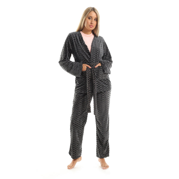 Set Of 3 Velvet Patterned Pajama - Dark Grey & Rose