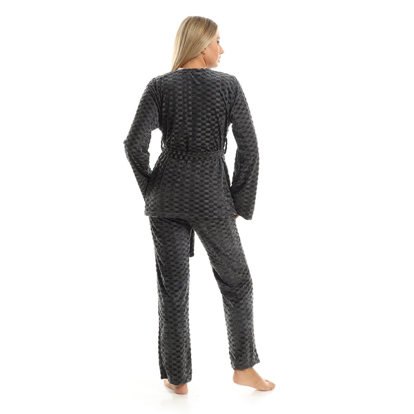 Set Of 3 Velvet Patterned Pajama - Dark Grey & Rose
