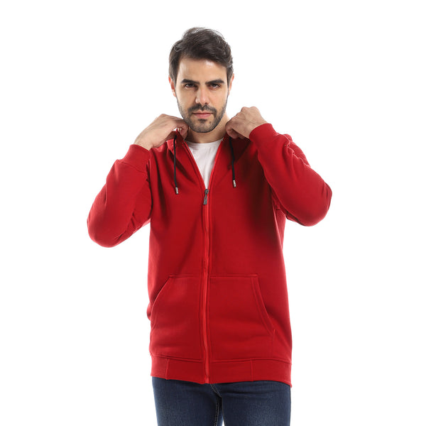 Fully Zipped Sweatshirt With Hooded Neck - Dark Red