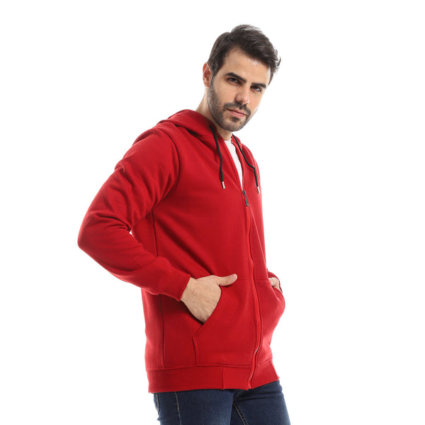 Fully Zipped Sweatshirt With Hooded Neck - Dark Red
