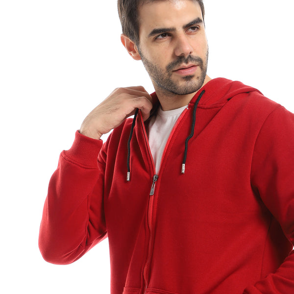 Fully Zipped Sweatshirt With Hooded Neck - Dark Red