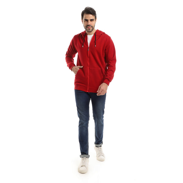 Fully Zipped Sweatshirt With Hooded Neck - Dark Red