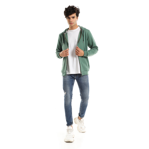 Hooded Long Sleeves Plain Side Pockets Sweatshirt - Green